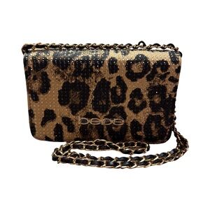 bebe Leopard Print Crossbody Bag Meara Crystal with Gold Chain